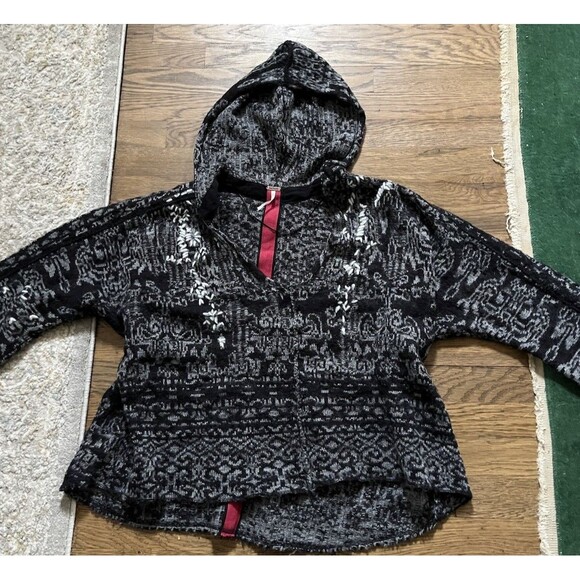 Free People Womens S Bohemian Fall Winter Scoop Neck Embroidered Sweater Hood Bk - Picture 1 of 9